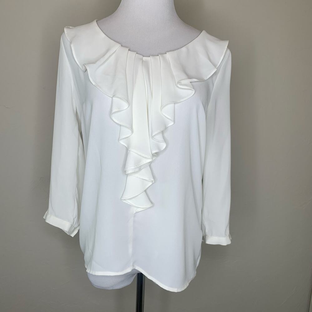 Flowy chiffon Cream Ruffle Neck Blouse Sz Small